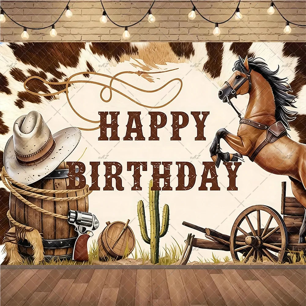A rustic Wild West cowboy birthday backdrop featuring a horse, cactus, and wooden barrel in a farm scene.