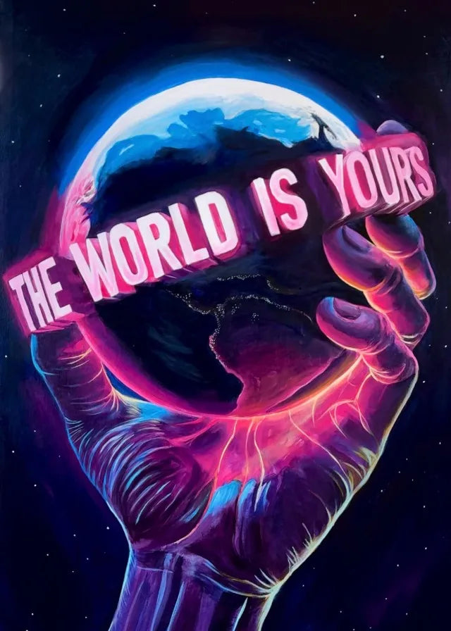 A hand holds a glowing sphere with the text THE WORLD IS YOURS inscribed on it against a dark cosmic background.