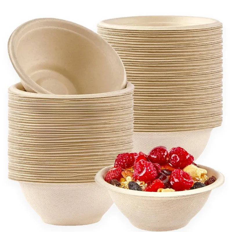 A stack of natural beige disposable paper bowls for food or party use.