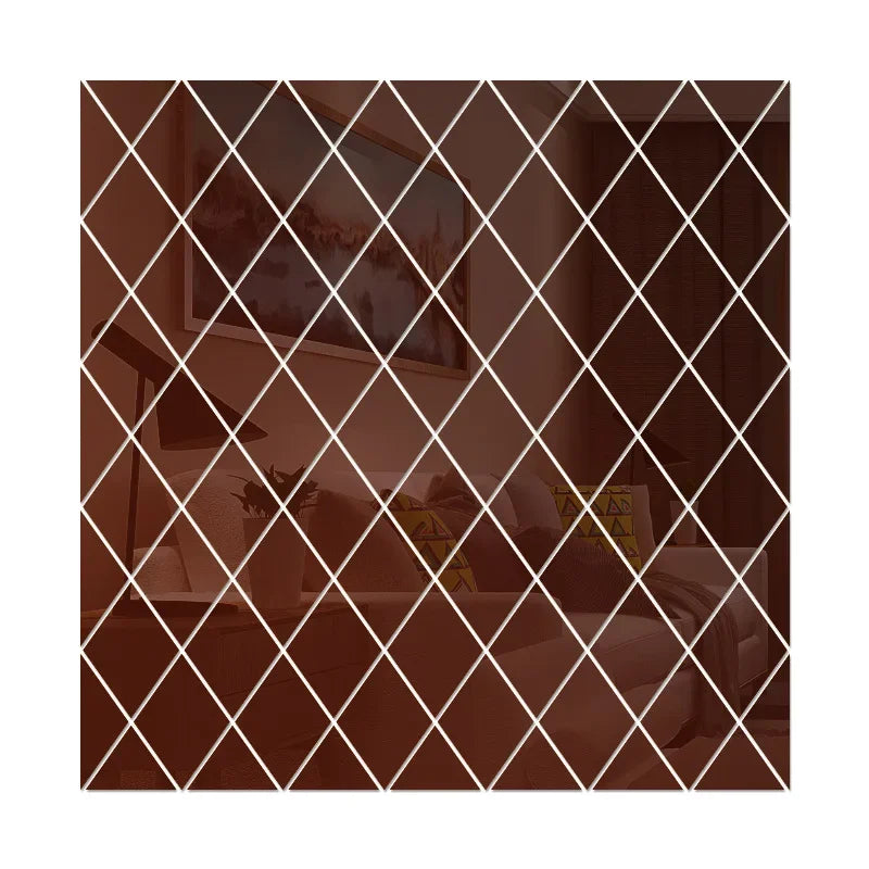 A close-up view of a brown diamond-patterned mirror wall sticker design.