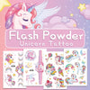 A sheet of colorful glitter unicorn temporary tattoos for kids featuring various designs and rainbows.