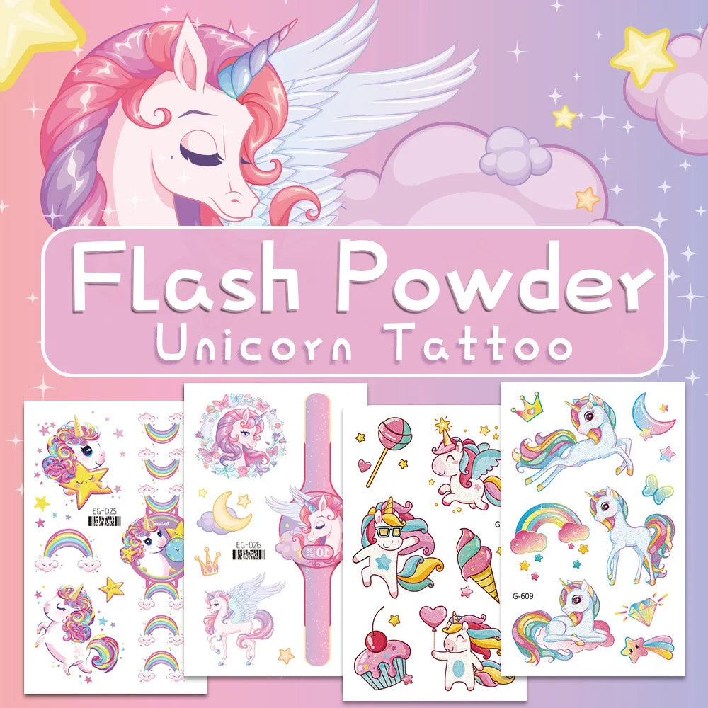 A sheet of colorful glitter unicorn temporary tattoos for kids featuring various designs and rainbows.