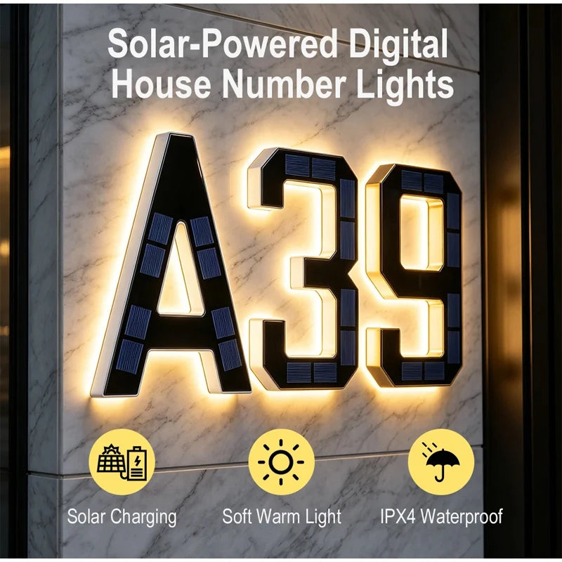 Señal de número de casa digital alimentada por energía solar, mostrando A39, con luz cálida y protección IPX4 a prueba de agu
