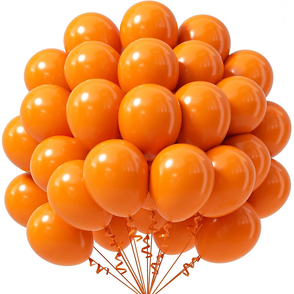 A cluster of bright orange latex party balloons tied together with strings.