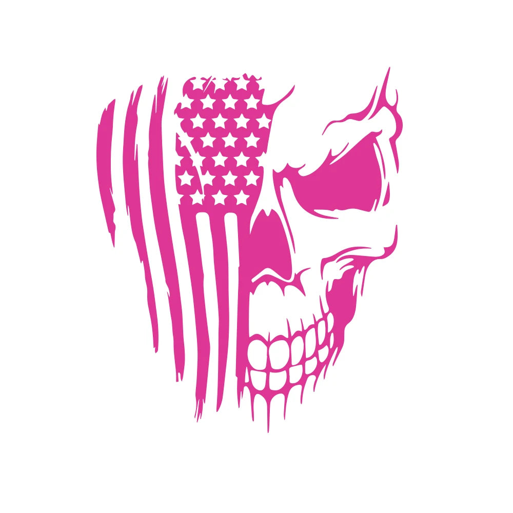 A graphic design featuring a skull silhouette filled with pink stripes and a patriotic American flag pattern.