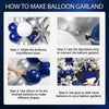 Instructions for making a balloon garland using navy blue and silver balloons.