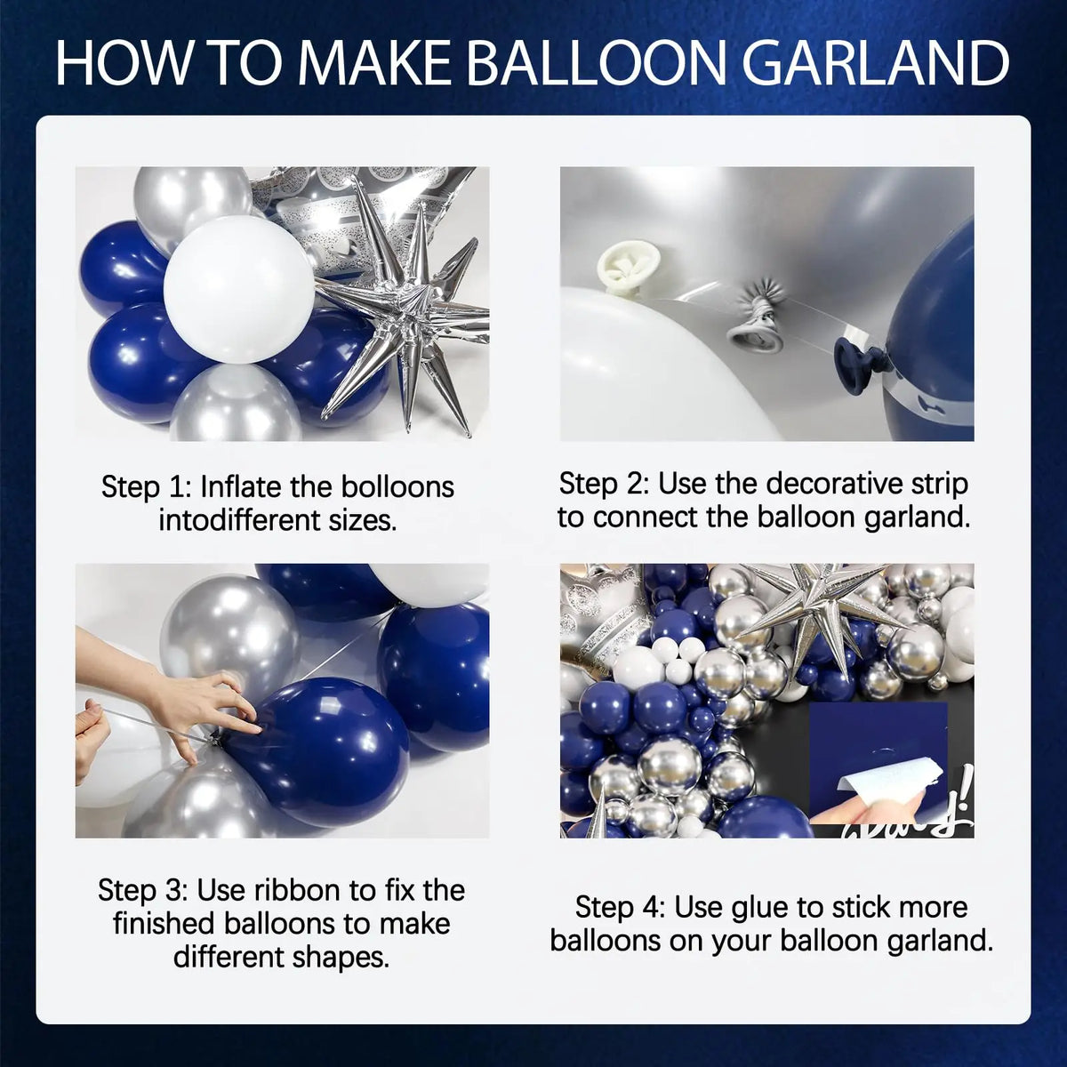 Instructions for making a balloon garland using navy blue and silver balloons.