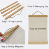 Instructions for assembling a magnetic wooden art frame showing preparation, magnetic attachment, and hanging.