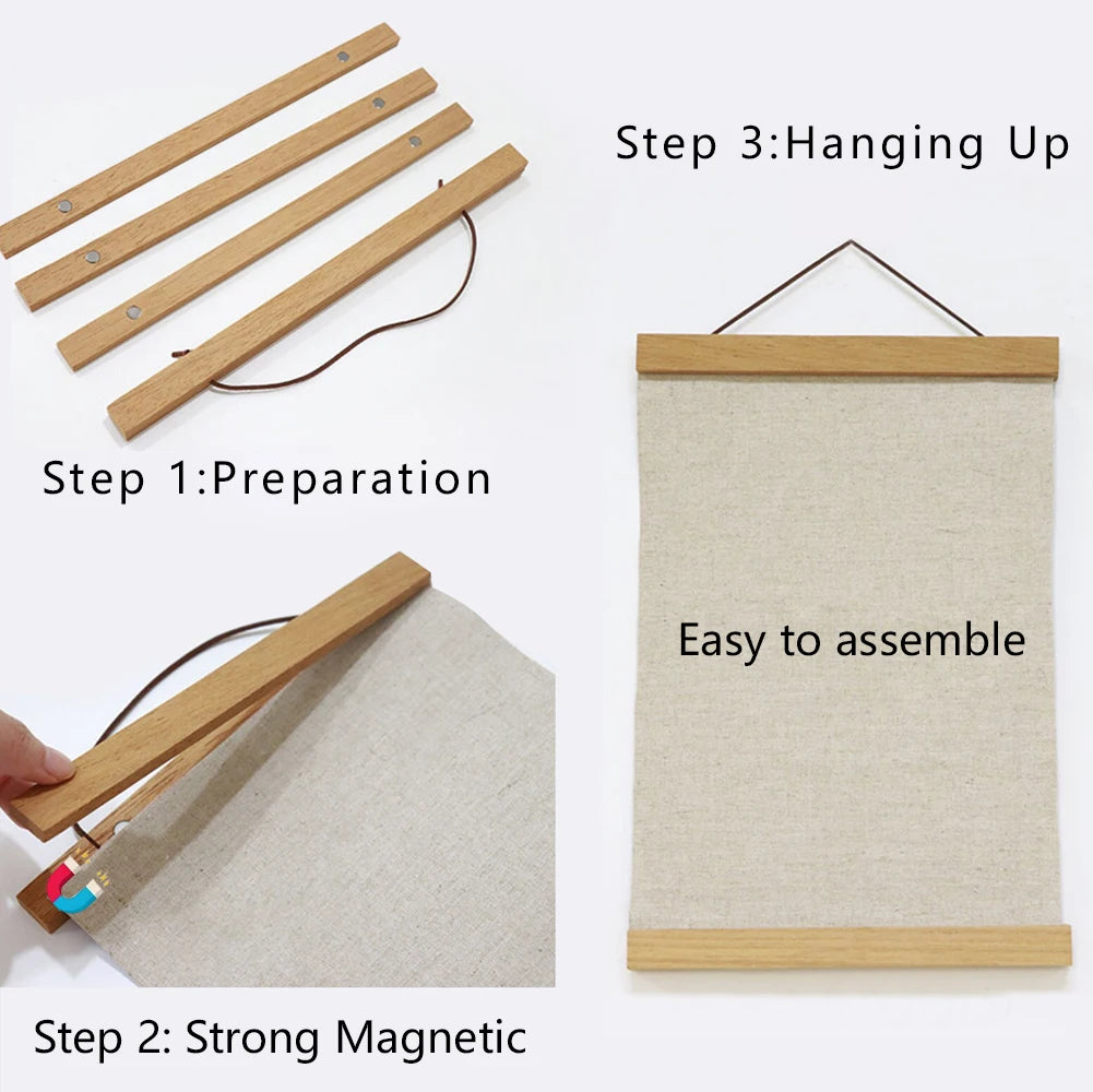 Instructions for assembling a magnetic wooden art frame showing preparation, magnetic attachment, and hanging.