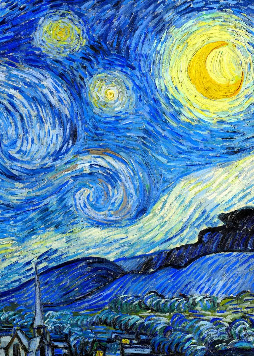 A vibrant Van Gogh-inspired canvas wall art depicting a swirling night sky with bright yellow stars and blue clouds.