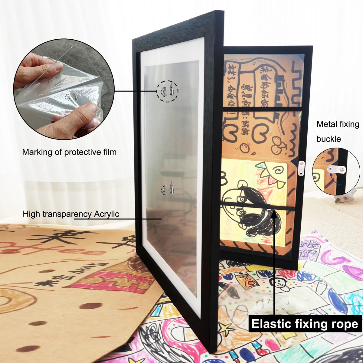 A black magnetic front-open frame for displaying art, featuring a clear acrylic panel and an elastic fixing rope.