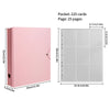 Pink photo card binder with 25 pages and a pocket, showing its dimensions.