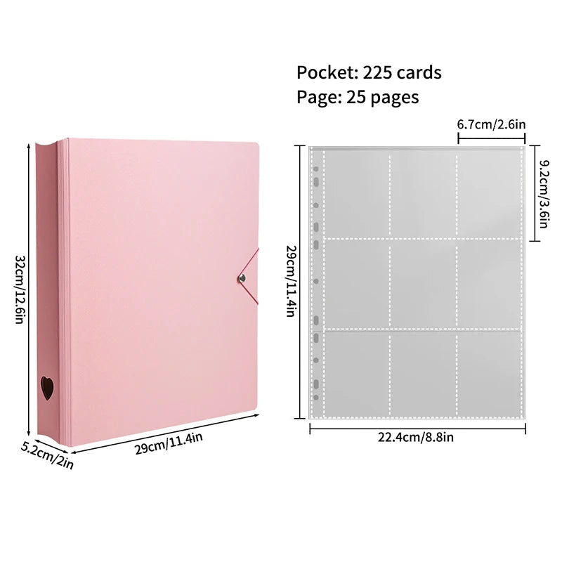 Pink photo card binder with 25 pages and a pocket, showing its dimensions.