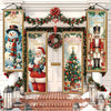 Vintage Christmas porch hanging banners featuring Santa, snowman, and reindeer designs decorated with greenery