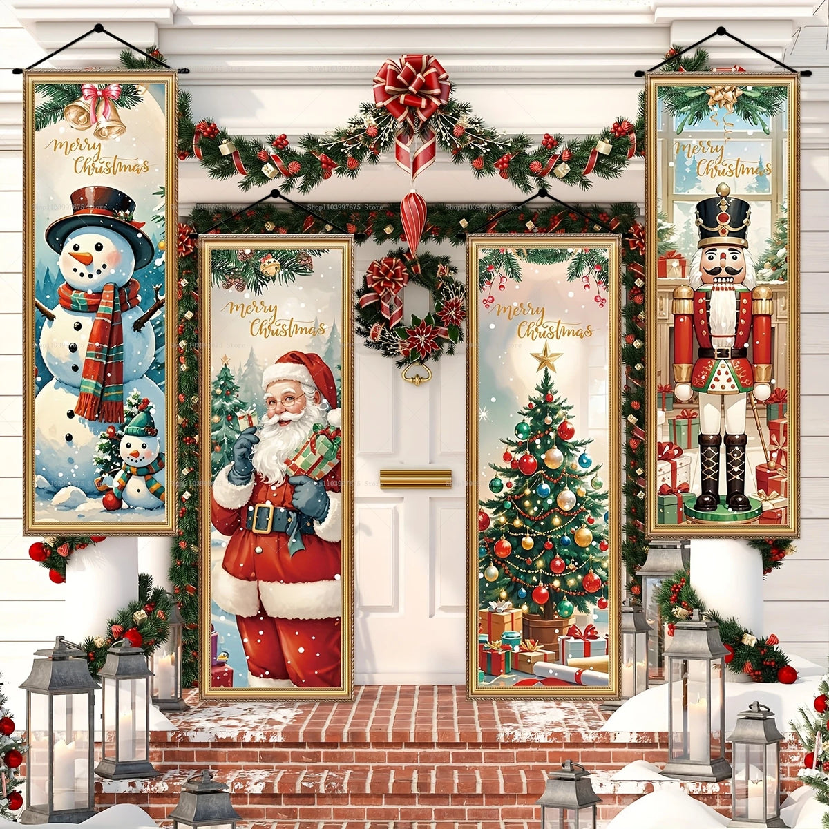 Vintage Christmas porch hanging banners featuring Santa, snowman, and reindeer designs decorated with greenery