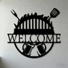 Black retro BBQ zone wall decor featuring a silhouette of a flame, a grill grate, and glasses.