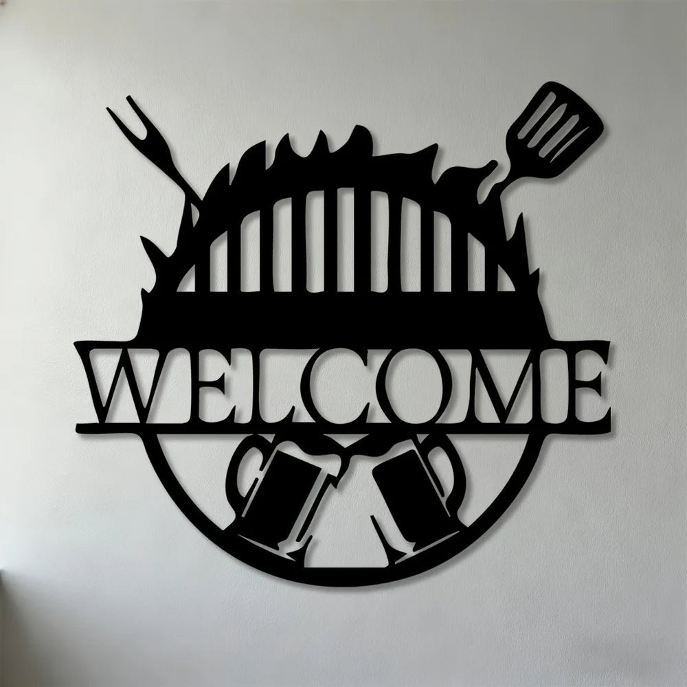 Black retro BBQ zone wall decor featuring a silhouette of a flame, a grill grate, and glasses.