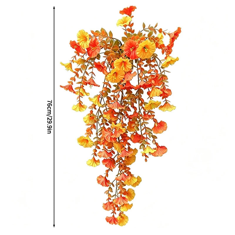 Artificial morning glory hanging flowers in shades of orange and yellow
