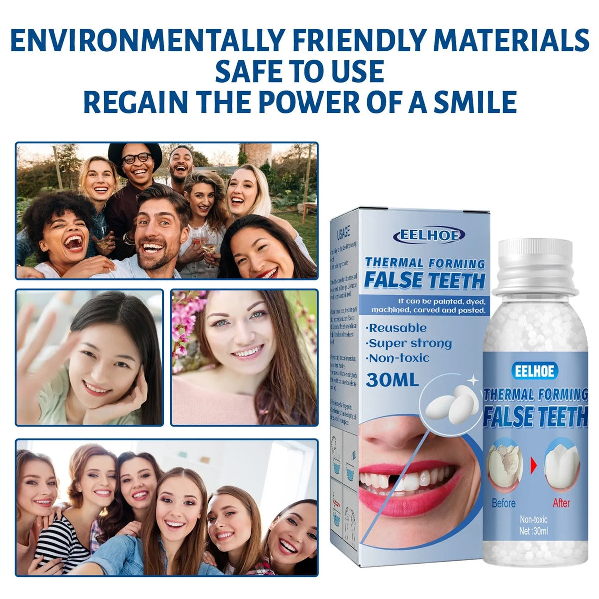Box of EELHOE thermal forming false teeth and a cosmetic application showing before and after results