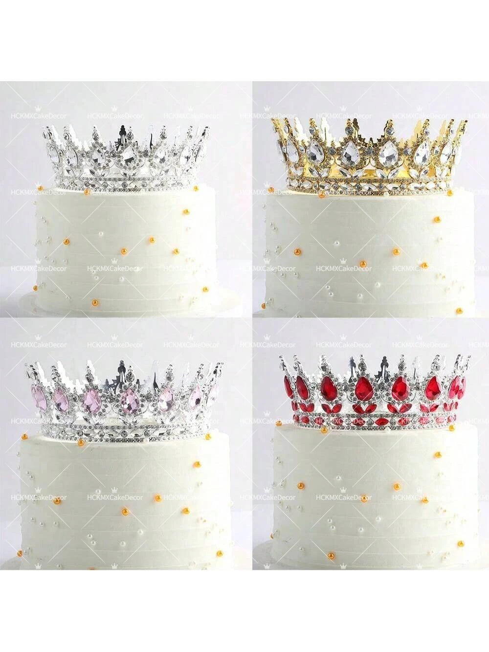 White tiered cake with crystal rhinestone crown toppers decorated with edible gold and silver accents