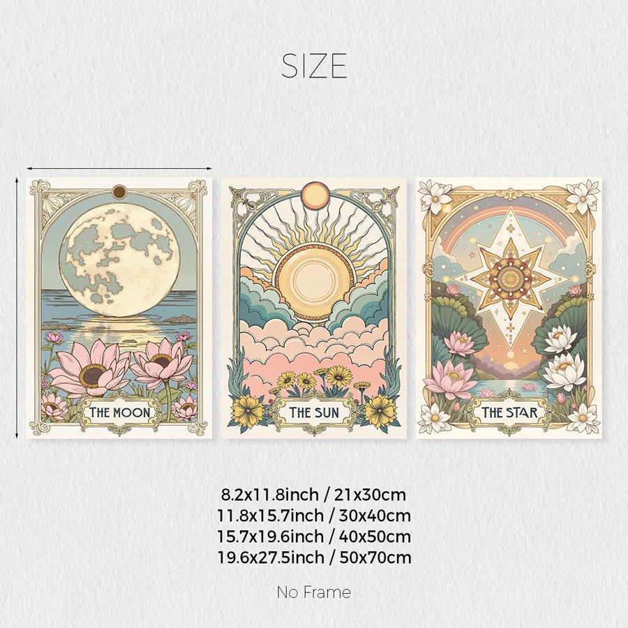 A set of three celestial tarot art prints featuring the moon sun and star with floral designs.