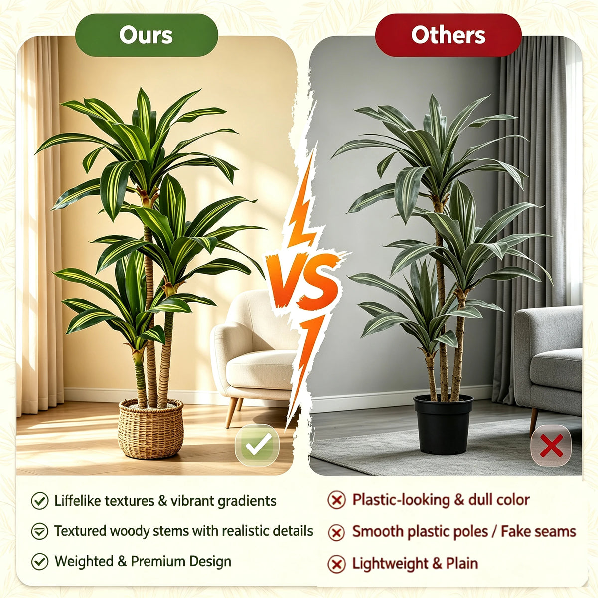 Comparison of artificial Dracaena trees showing textured stems and vibrant leaves versus smooth plastic poles.