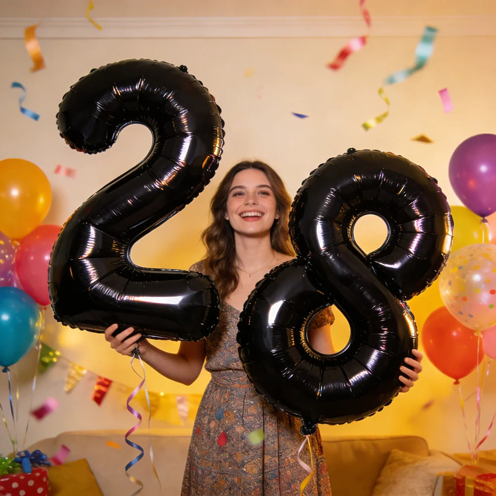 A woman holding two giant black foil balloons shaped like the number 28 in a brightly lit room.