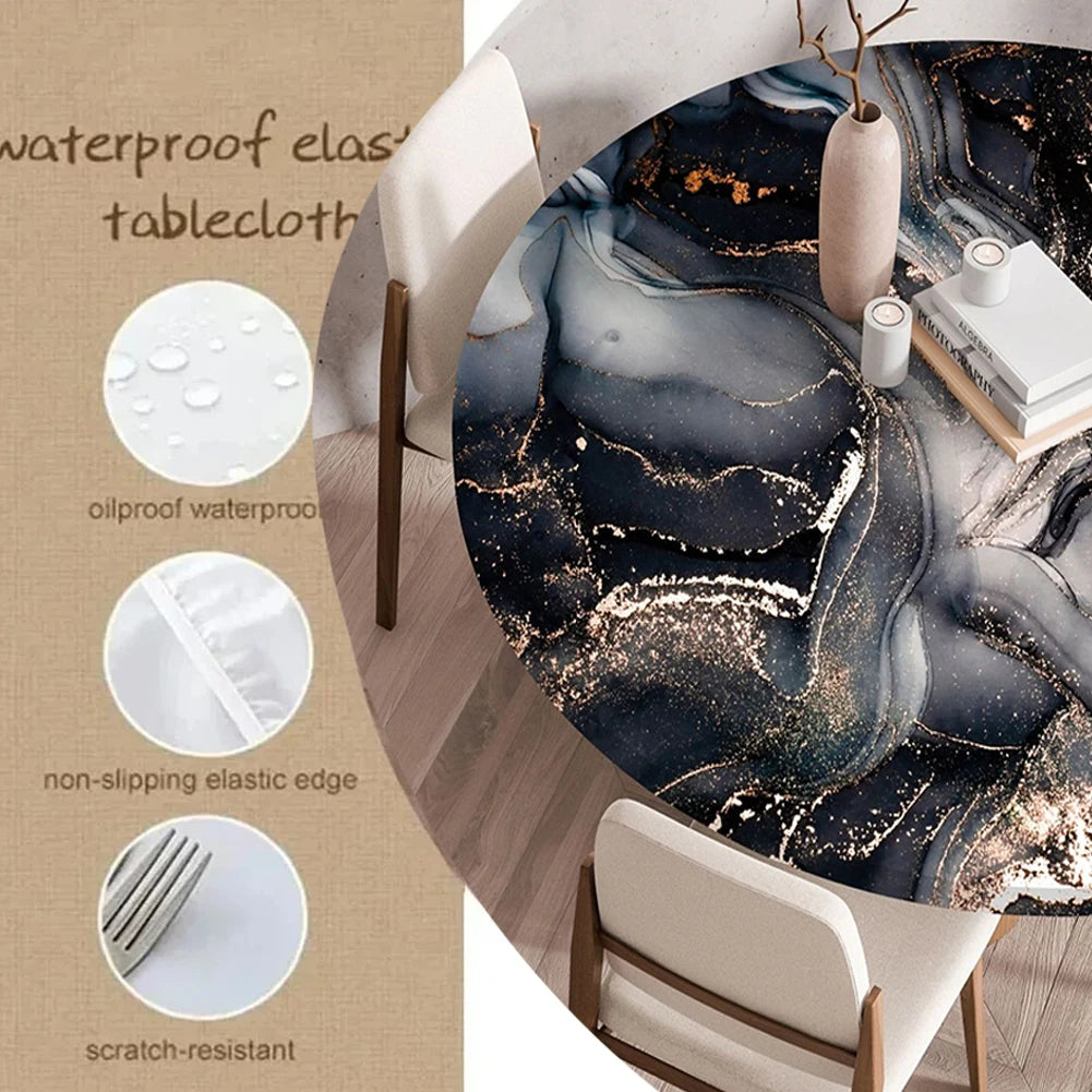 A dark blue marble print round tablecloth displayed on a wooden table, showing features like waterproof and scratch-resistant