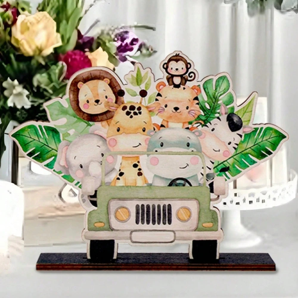 A wooden jungle animal party ornament featuring various cute animals like a lion, tiger, elephant, and a jeep.