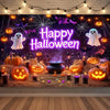A Halloween neon backdrop featuring pumpkins, bats, and skulls for a photo booth background.