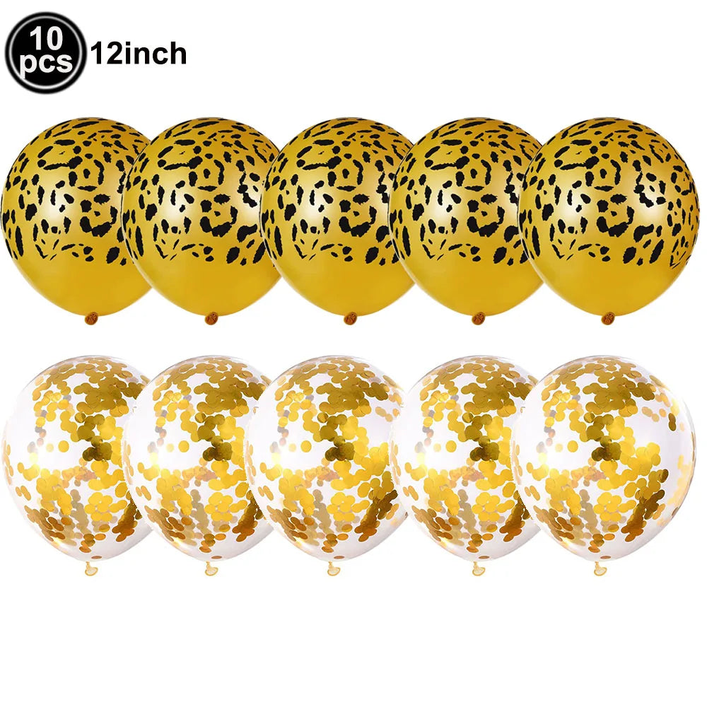 Ein Set von 10 Goldfolieballons mit Gepardmuster und Fransen.
