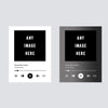 Two square black panels with text and music player icons on a light gray background.
