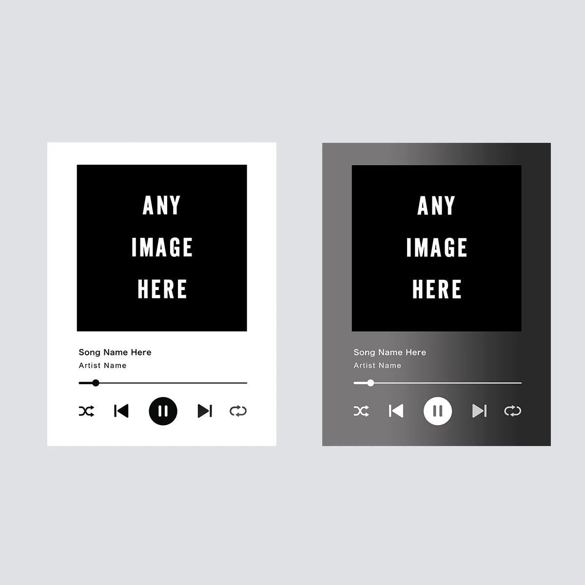 Two square black panels with text and music player icons on a light gray background.