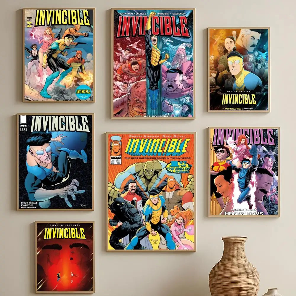 A collection of nine posters featuring characters from the Invincible series in various dynamic poses and colors.