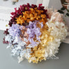 A round arrangement of dried hydrangea flowers in shades of purple, yellow, pink, and white.