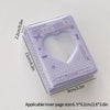 A clear purple plastic photo card album binder with a heart-shaped window and measurements displayed.