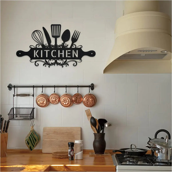 A rustic metal wall sign featuring kitchen utensils mounted on a wooden cutting board and a rack of hanging pots.