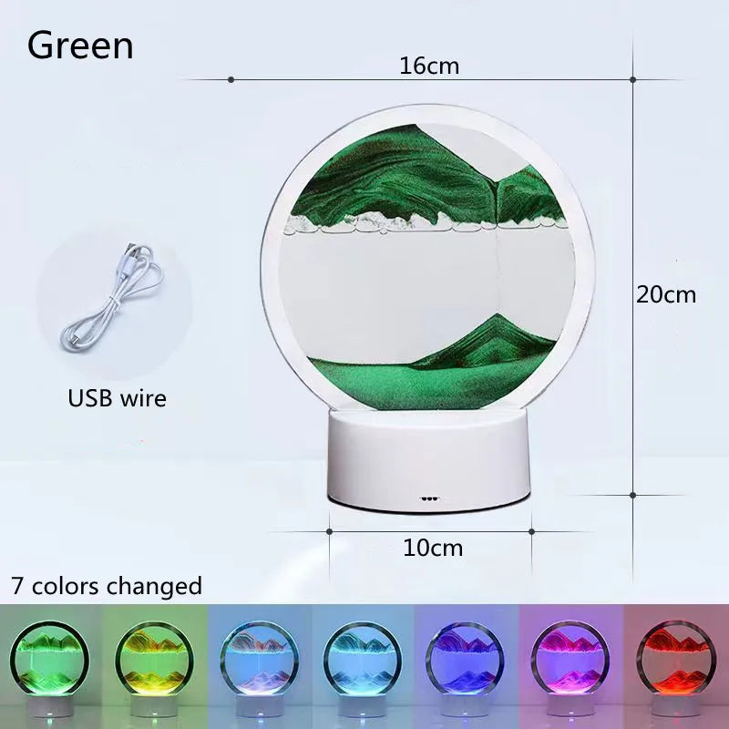 A white LED table lamp featuring a green 3D quicksand effect light, with seven color options displayed below.