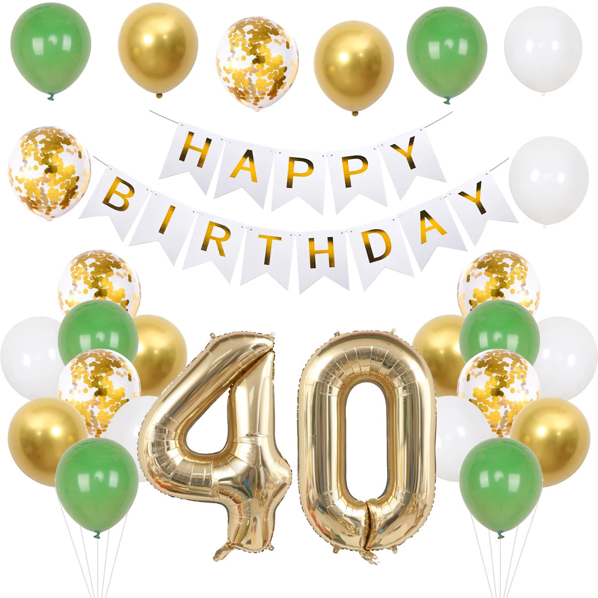 A set of green and gold birthday balloons and a banner with the words Happy Birthday