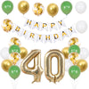 A set of green and gold birthday balloons and a banner with the words Happy Birthday