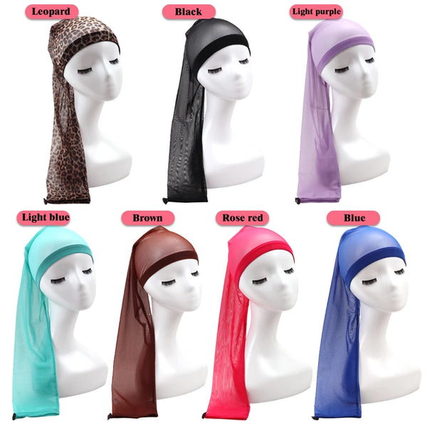 A collection of stretchy hair net caps in various colors including leopard, black, light purple, light blue, brown, rose red,