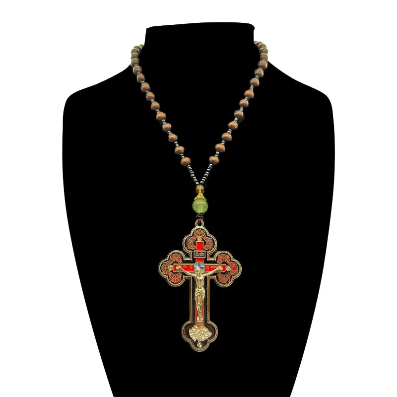 Orthodox Crucifix Cross Necklace with Rosary Beads