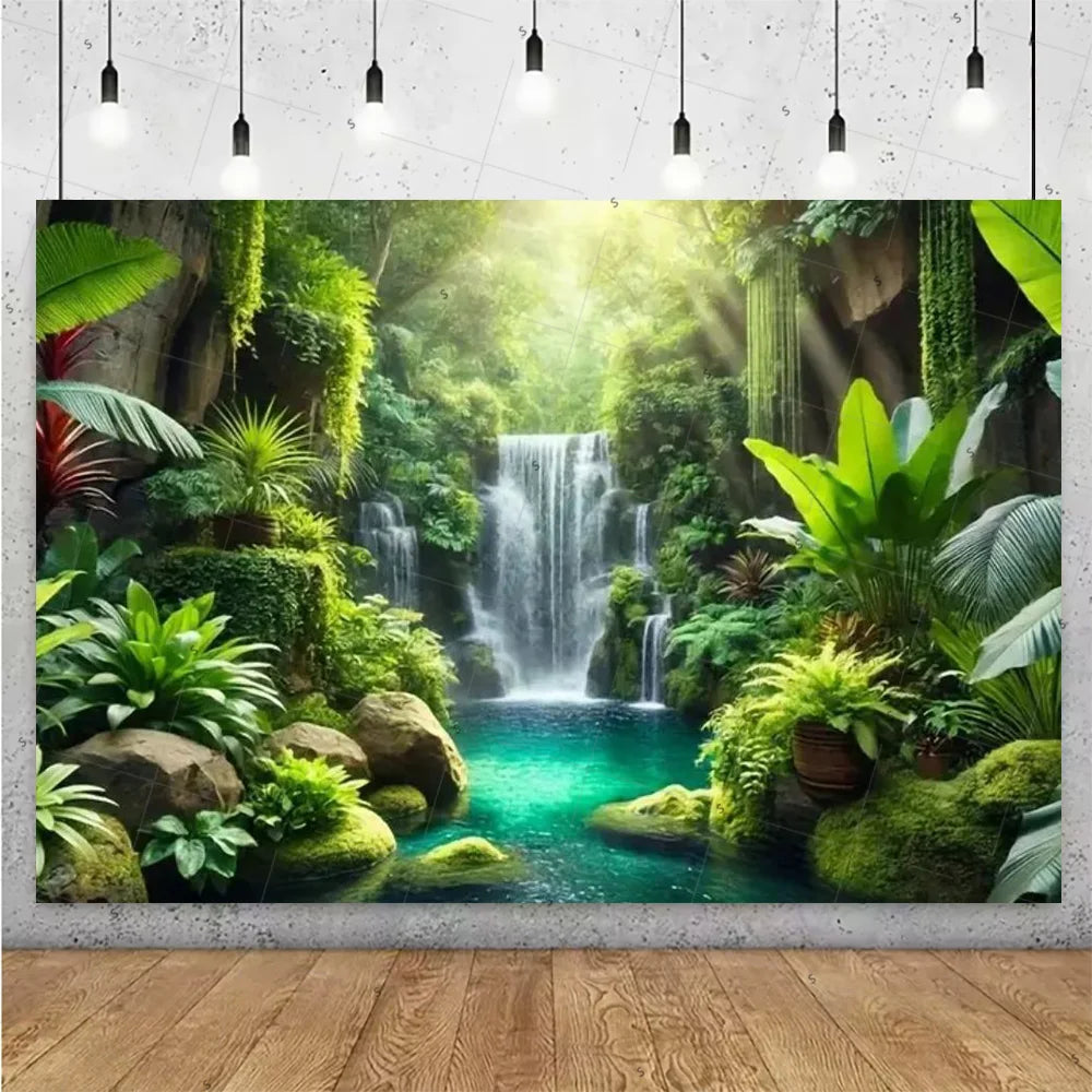 Forest Waterfall Wonderland Photography Backdrop