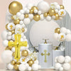 A white and gold balloon garland arch kit featuring balloons and a cross design for a first communion celebration.