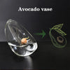 A clear glass vase shaped like an avocado holds a small avocado seed.