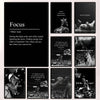 A collection of nine black canvas prints featuring motivational quotes and imagery related to focus and athletic mindset.