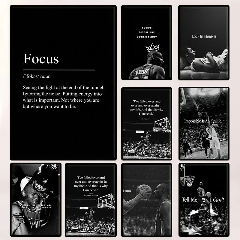 A collection of nine black canvas prints featuring motivational quotes and imagery related to focus and athletic mindset.