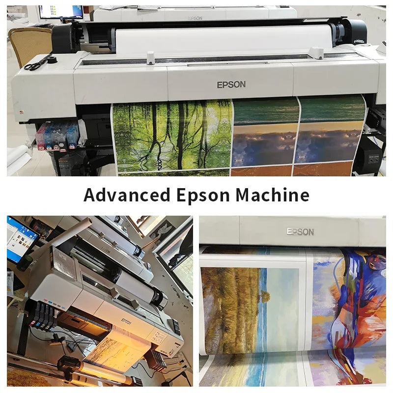An advanced Epson machine with several printed canvases displayed on the surface.