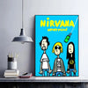 A vibrant poster featuring the Nirvana Nevermind album cover artwork with stylized figures and bright blue background.
