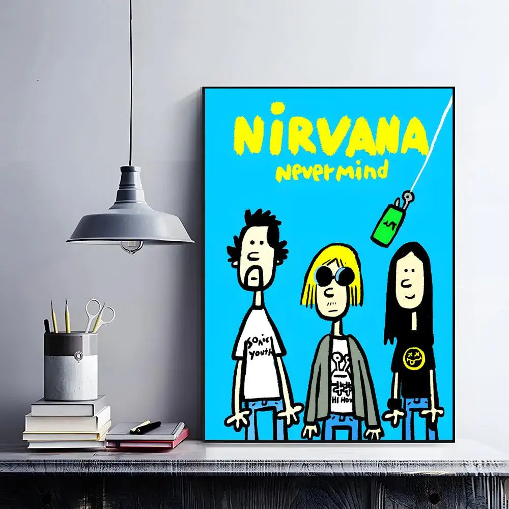 A vibrant poster featuring the Nirvana Nevermind album cover artwork with stylized figures and bright blue background.